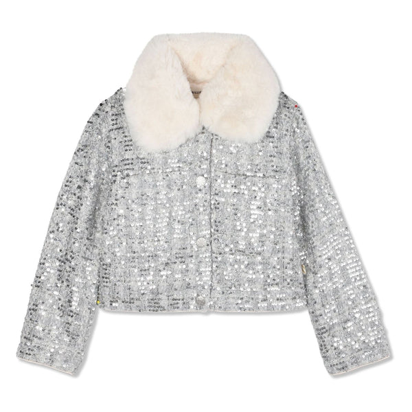 Girls Silver Fur Collar Sequin Jackets