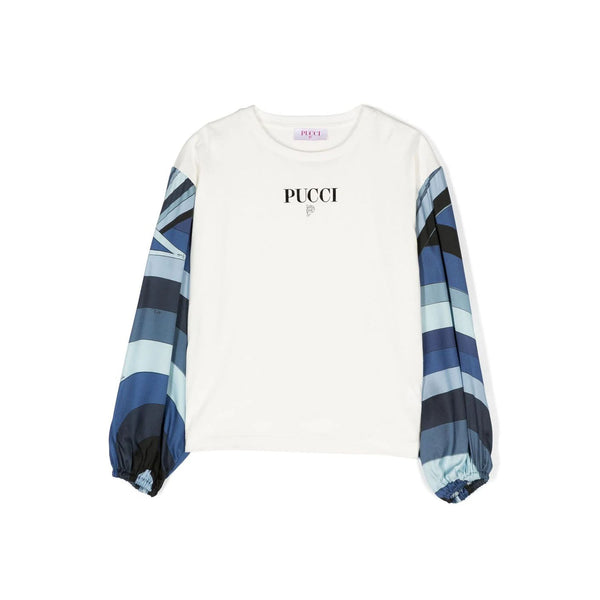 Girls White Printed Sleeves T-Shirt