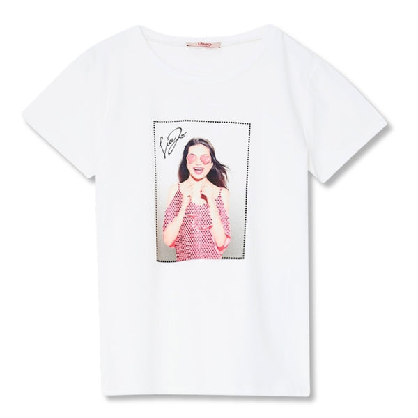 Girls White Printed T-Shirt With Rhinestones