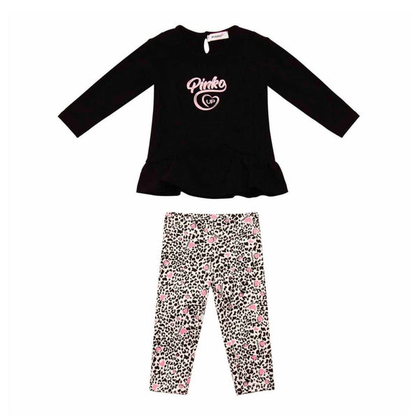 Baby Girls Black T-shirt With Printed Leggings Set