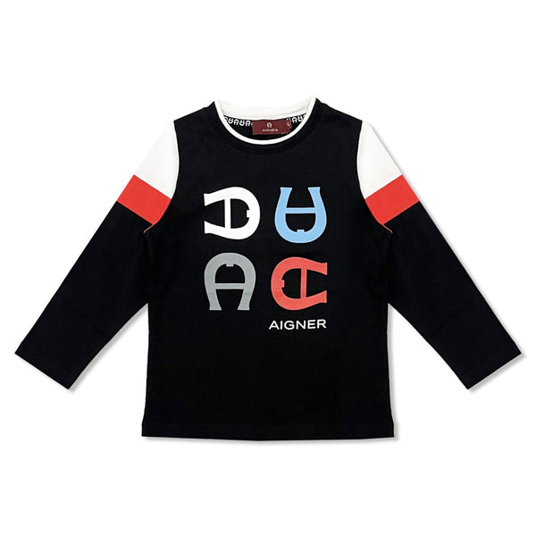 Boys Black Logo-Print Full-Sleeves T-Shirt