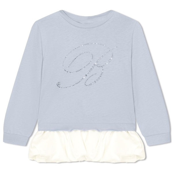 Girls Blue Rhinestone Logo-Print Frill Dress