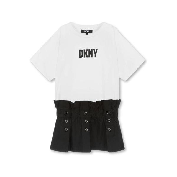 Girls White & Black Cotton Dress