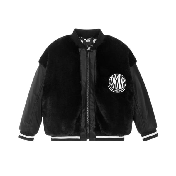 Girls Black Faux Fur Bomber Jacket