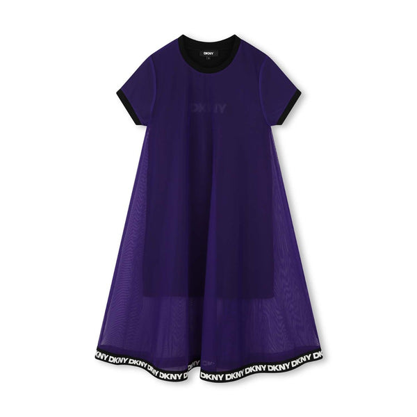 Girls Purple & Black Tulle Overlay Flared Dress
