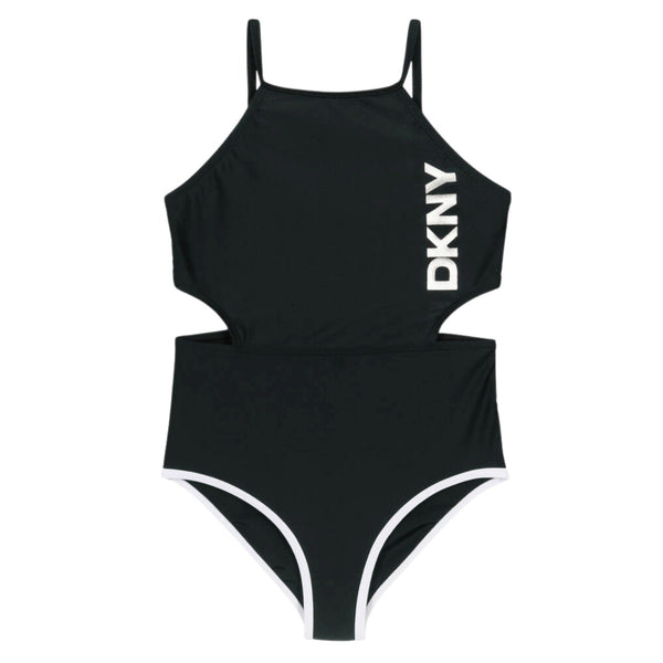 Girls Black Metallic Logo Swimsuit