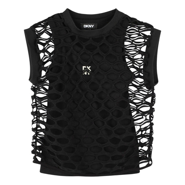 Girls Black Sleeveless Mesh Layered Top