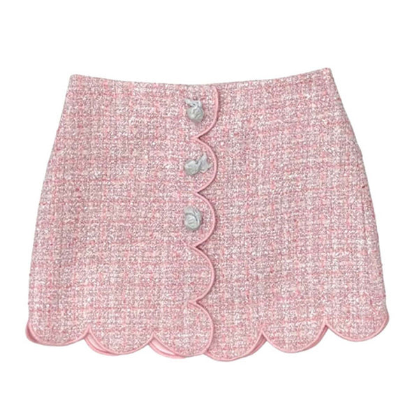 Pink Boucle Scalloped Hem Mini Skirt