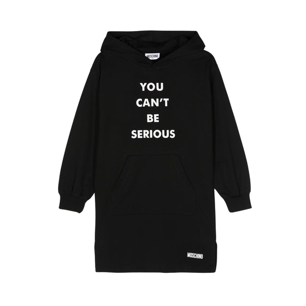 Girls Black Slogan-Print Hooded Dress