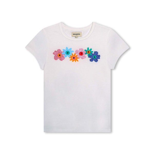 Girls White Cotton Floral Logo T-Shirt