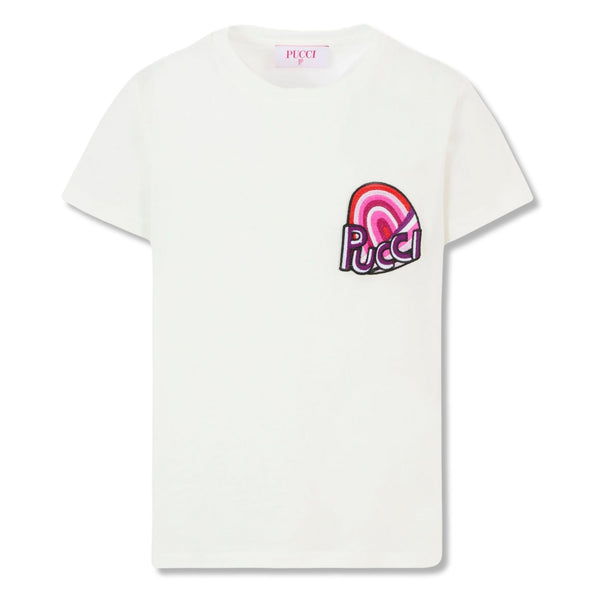Girls White Embroidered-Patch T-shirt