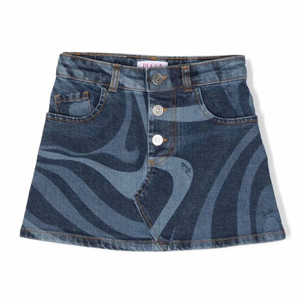 Girls Blue Swirl Print Denim Skirt