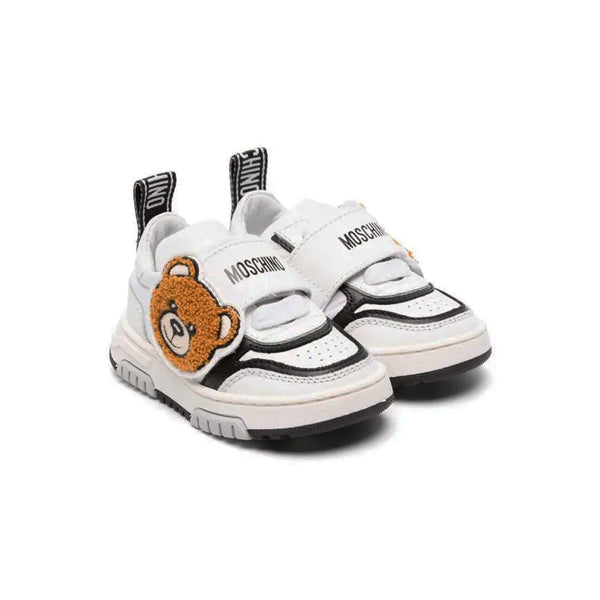Boys White Teddy Bear-Patch Leather Sneakers
