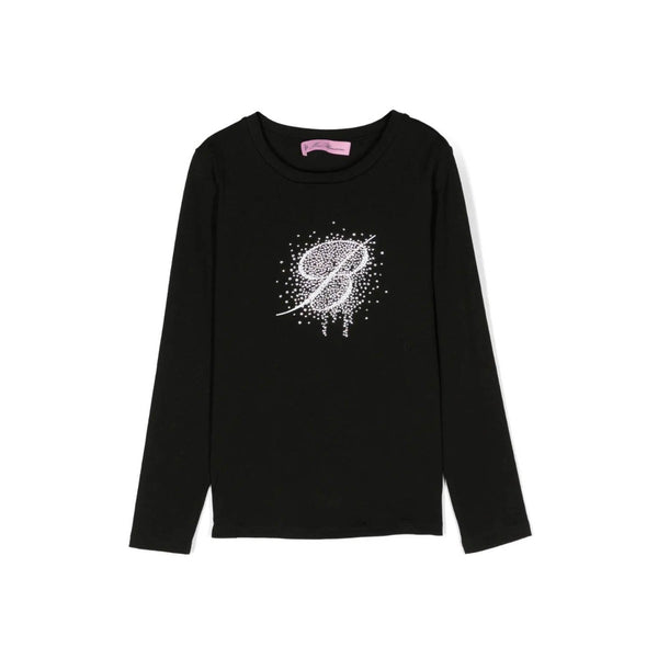 Girls Black Rhinestone-Logo Cotton T-shirt