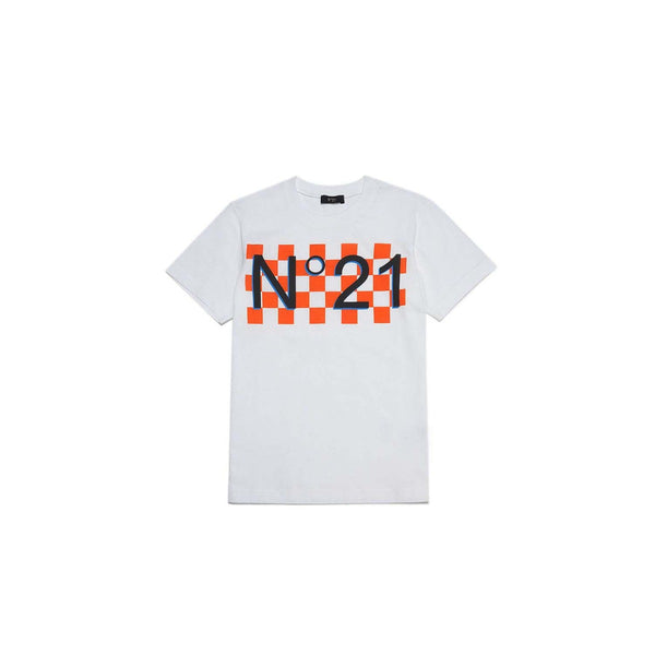 White Jersey T-Shirt With Damier Print And Logo