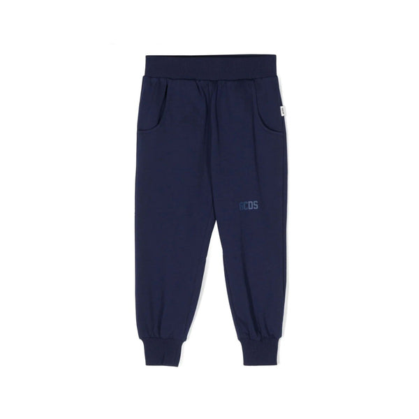 Kids Navy Blue Logo-Print Cotton Trousers