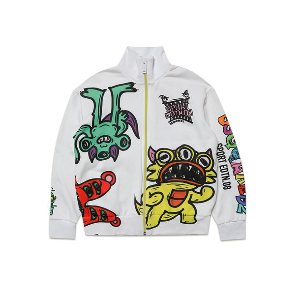 Kids White Monsters Printed Sweatshirt With Zip
