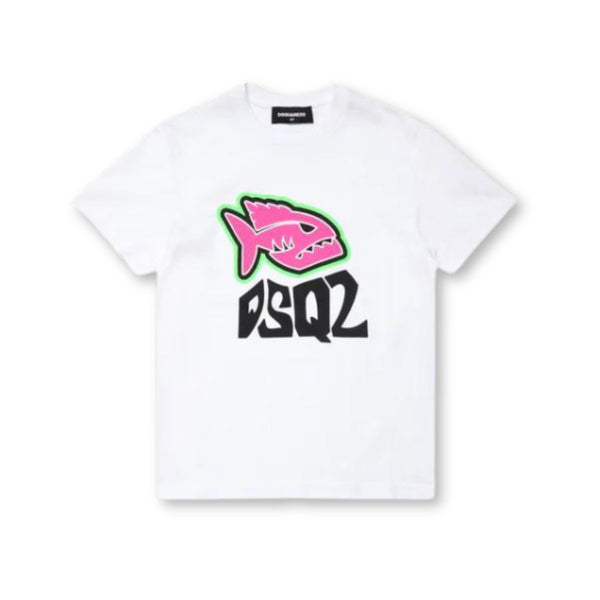 Unisex White Piranha-Print Cotton T-Shirt