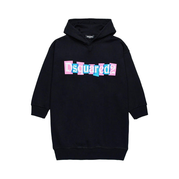 Girls Black Sweatshirt Dress With Logo-Print