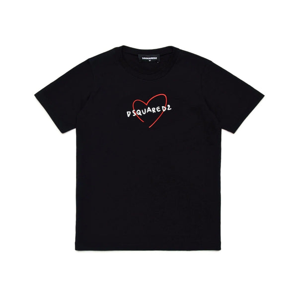 Girls Black Stylised Heart-Print T-Shirt