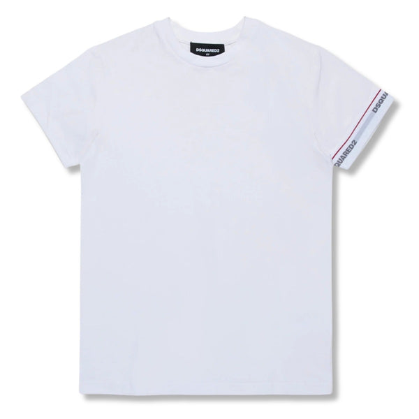 Boys White Cotton T-Shirt With Sleeve Logo