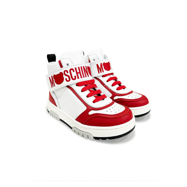 Girls White & Red Logo-Patch Hi-Top Sneakers