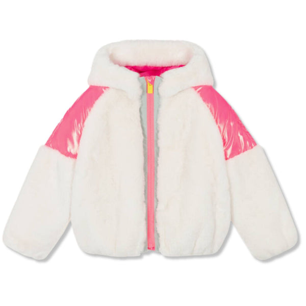 Girls Ivory & Neon Pink Faux Fur Jackets