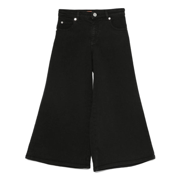 Girls Black Embroidered Wide-Leg Denim Jeans