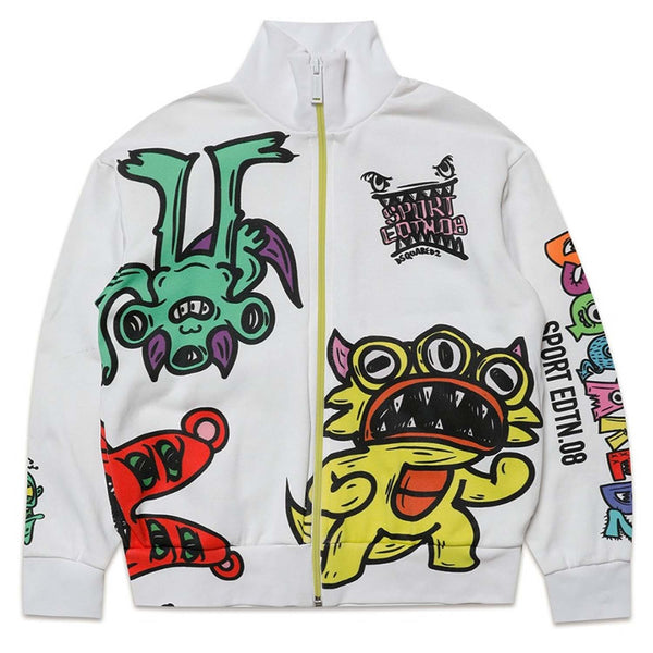 Kids White Monsters Printed Sweatshirt With Zip