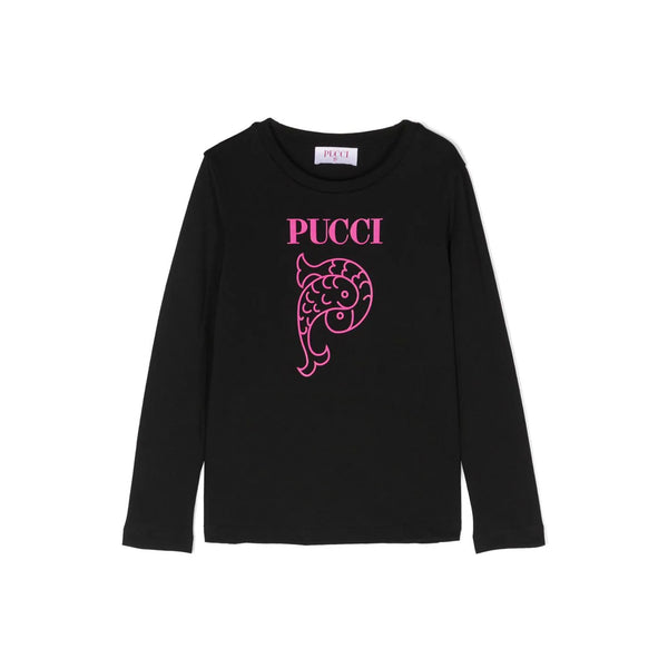 Girls Black Logo Print Cotton T-Shirt