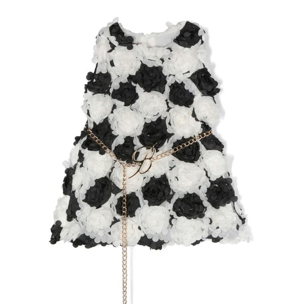 Girls White & Black Belted Waist Dress