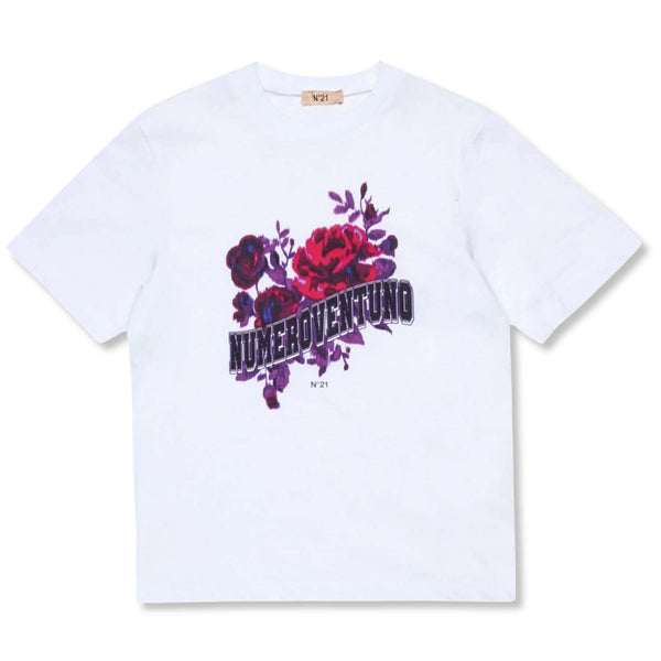 Girls White Flower Print T-shirt