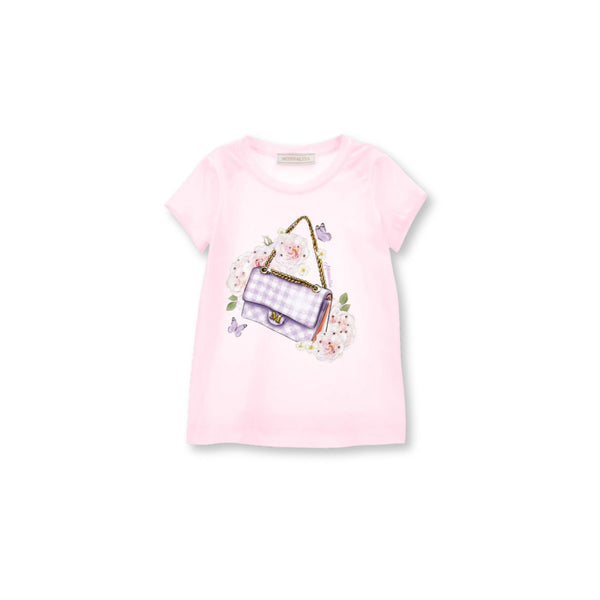 Girls Pink Bag-Print T-shirt with Rhinestones