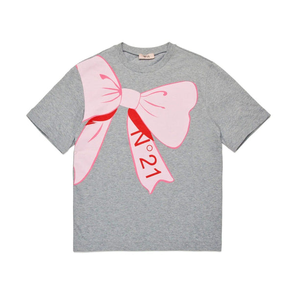 Girls Grey Cartoon-Bow Print T-Shirt