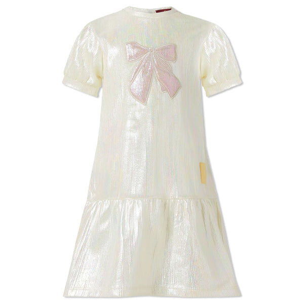 Baby Girls White Metalic Bow-Patch Dresses