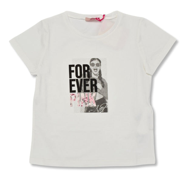 Girls White Printed T-Shirt With Rhinestones