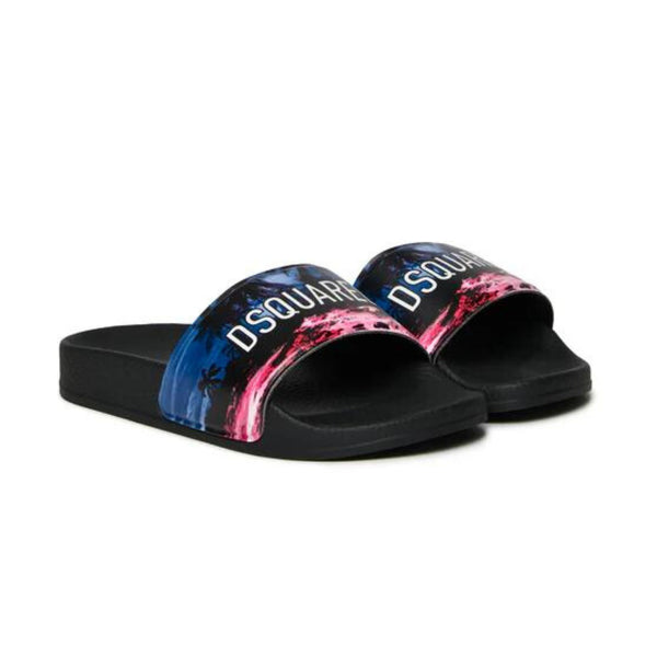 Boys Black Graphic-Print Faux-Leather Slides