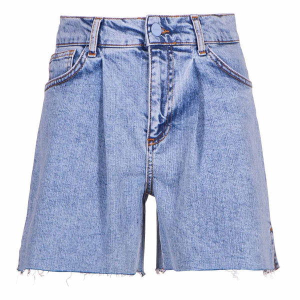 Blue Denim Shorts With Front Pleates