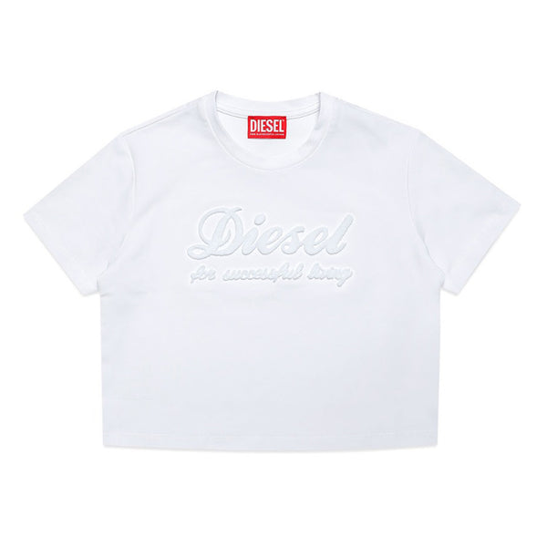 Girls White Jersey T-shirt With Chenille-Effect Logo