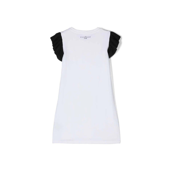 Girls White Cotton Glittery Logo Printed Dress