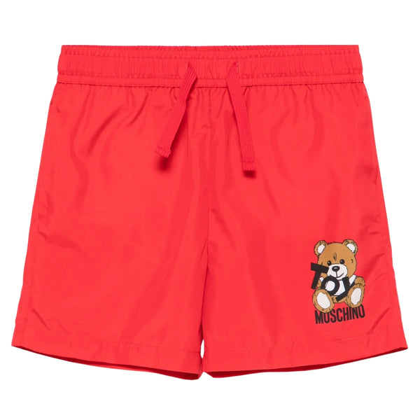 Boys Red Teddy-Print Swim Shorts