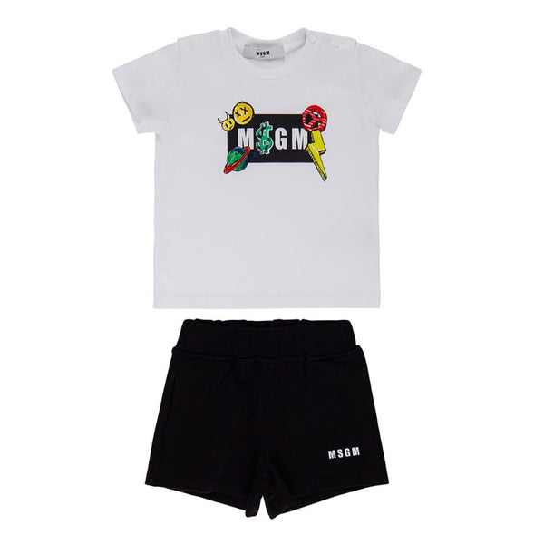Boys White & Black Cotton Shorts Set