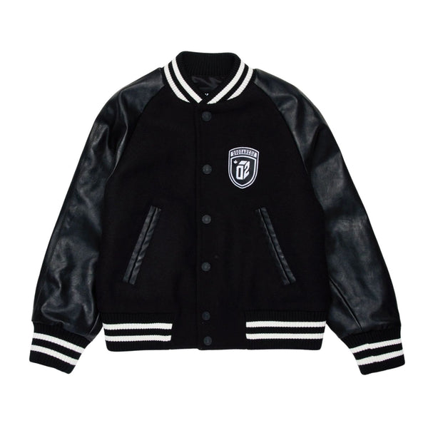 Boys Black Wool Cloth Bomber Jacket With Logo