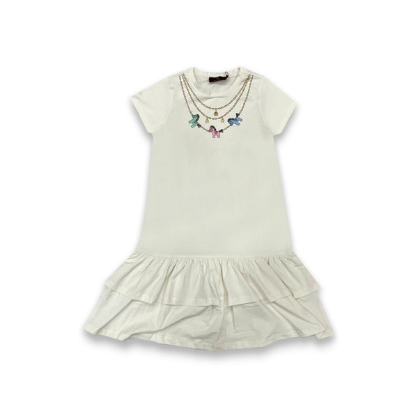 Girls Ivory Cotton Logo Ruffle Dress