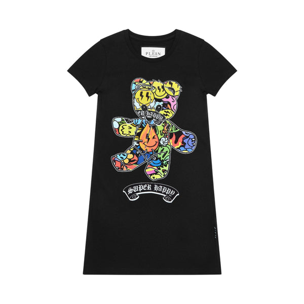 Girls Black Smiley Teddy-Print Dress