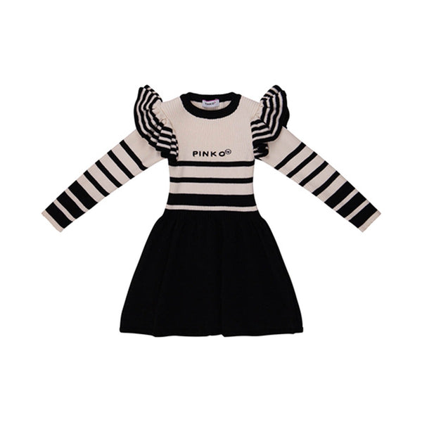 Girls White & Black Wool Dress