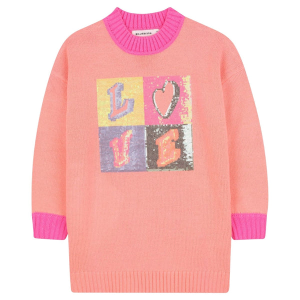 Girls Pink Sequin Tweed Knitted Dress