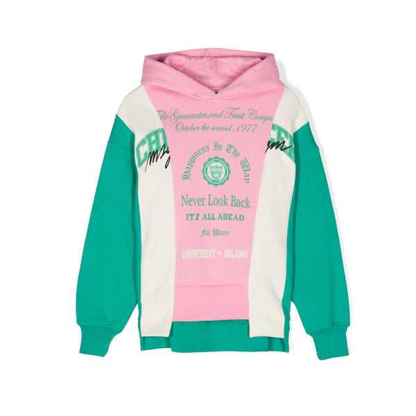 Girls Pink & Green Logo-Print Patchwork Hoodie