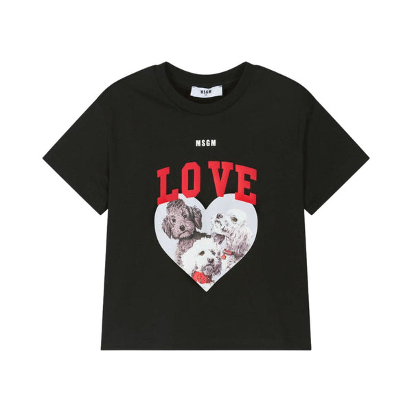 Girls Black Cotton Puppy T-Shirt