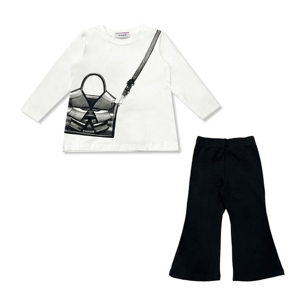 Girls White & Black Bag-Print Leggings Set